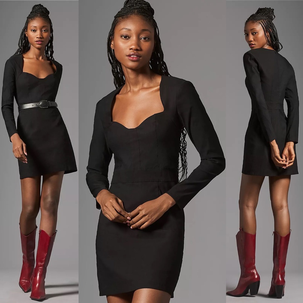 By Anthropologie Long‎ Sleeve Sweetheart Slim Mini Dress 10 Black Corporate Goth